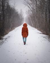 Person in a red coat walking down a wintry country lane.