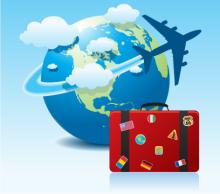Airplane flying around a globe next to a suitcase