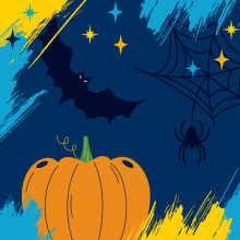 Image of a night sky, a bat, a spider, and a pumpkin.