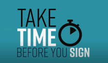 Turquoise background with text "Take Time Before You Sign" and the image of a timer