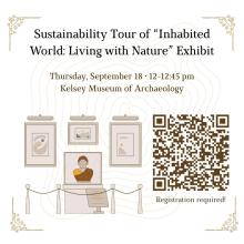 Illustration of museum exhibit with the text "Sustainability Tour of 'Inhabited World: Living with Nature' Exhibit"