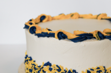 Photograph of a cake with blue and maize frosting.