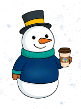 Illustration of a snowman holding a coffee with the 8 dimensions of well-being logo on the cup