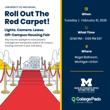 Informational flyer regarding the Off-Campus Housing Fair with the text "Roll Out The Red Carpet!"