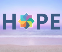 The word "Hope" against a beachy sunset. The "O" is the model of well-being.