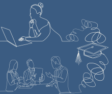 Blue background with a white outline illustration showing a person looking at a laptop, a graduation cap, and 3 people talking.