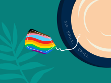 Illustration of a cup filled with tea with the text "Sip. Spill. Chill."