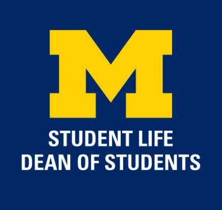 Block M and text "Student Life Dean of Students" in white on a blue background