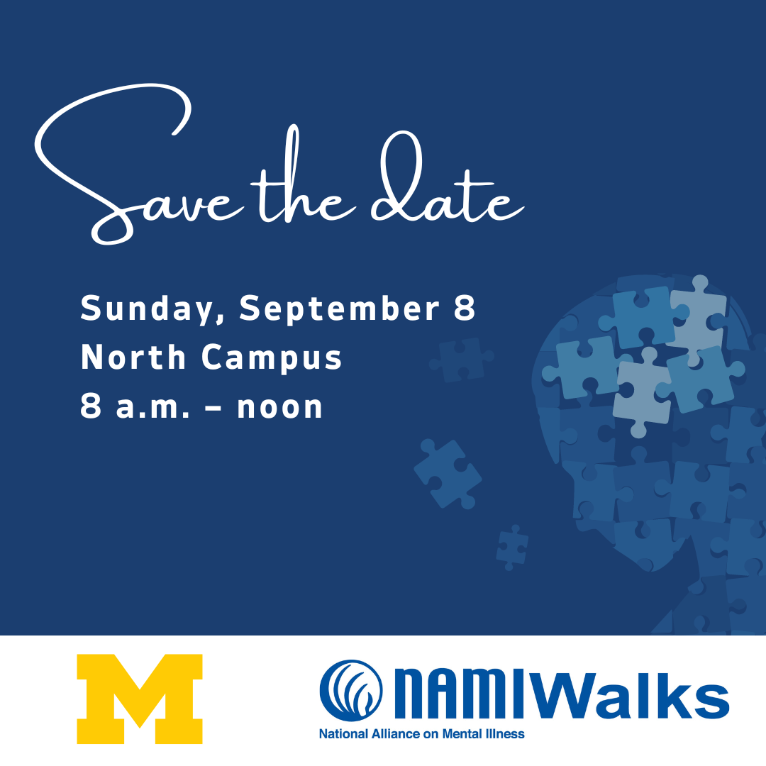 Poster with blue background and text "NAMIWalks Save the date: Sunday, September 8, North Campus, 8 a.m. - noon"