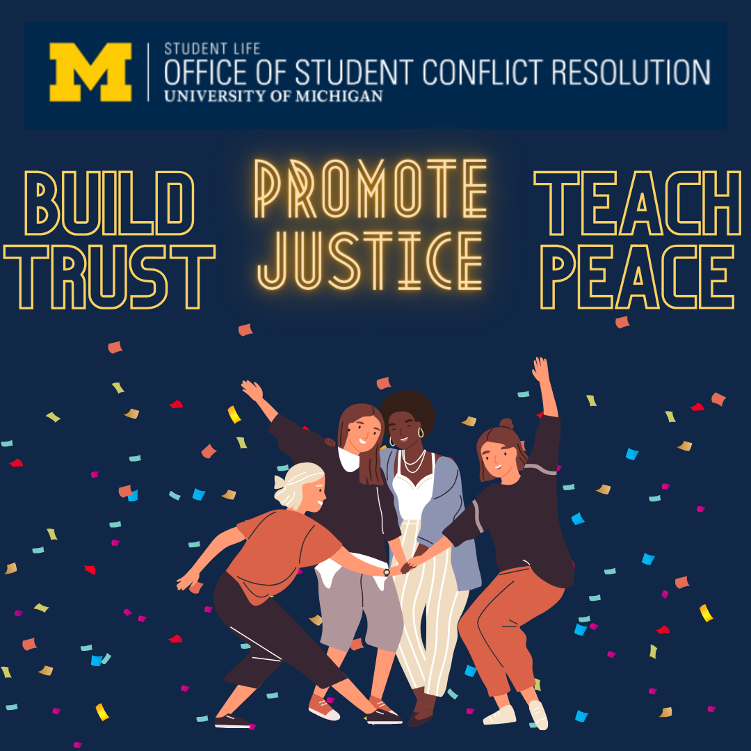 Text "Build Trust, Promote Justice, and Teach Peace" above an illustration of 4 students holding hands with confetti surrounding them.