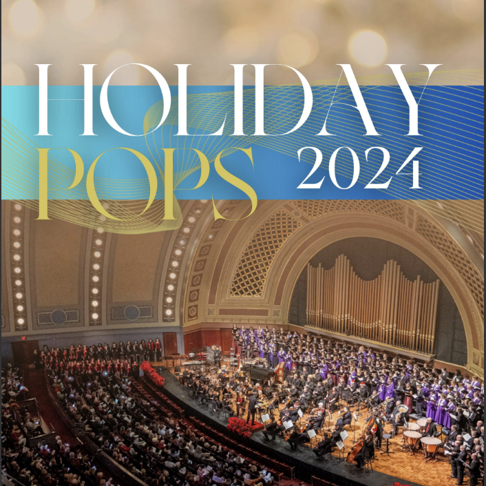 Text "Holiday Pops 2024" with photograph of the Ann Arbor Symphony Orchestra playing.