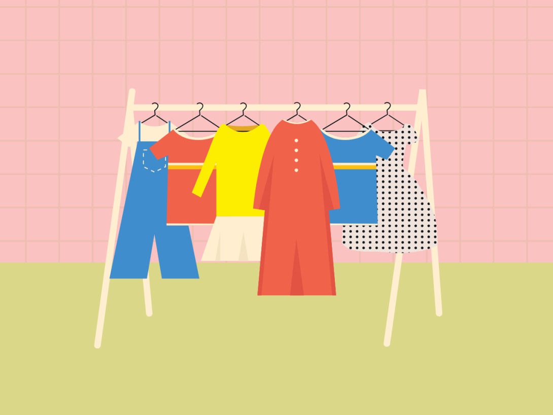 Illustration of various types of clothing on a clothing rack.