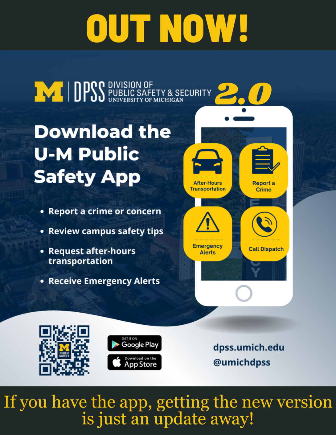 Poster with information about the U-M Public Safety App from DPSS