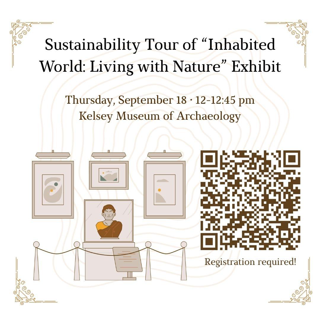 Illustration of museum exhibit with the text "Sustainability Tour of 'Inhabited World: Living with Nature' Exhibit"