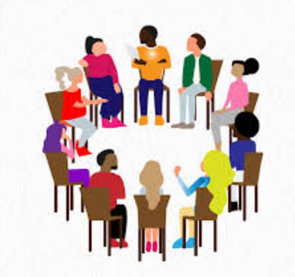 Illustration of a group of people sitting in a circle and having a discussion.