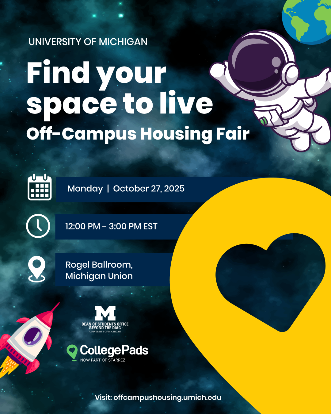 Fall housing fair event information with spaceman and rocket images