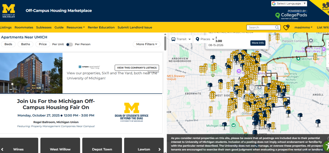 Screenshot of off campus housing website