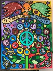 Illustration with a bird, flower, and peace sign with the text "Celebrate Diversity."