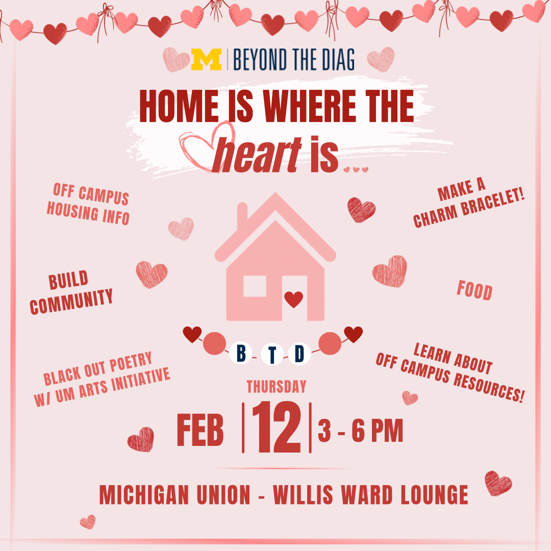 Poster with a pink background, a house, and hearts with the text "Home is where the heart is..."