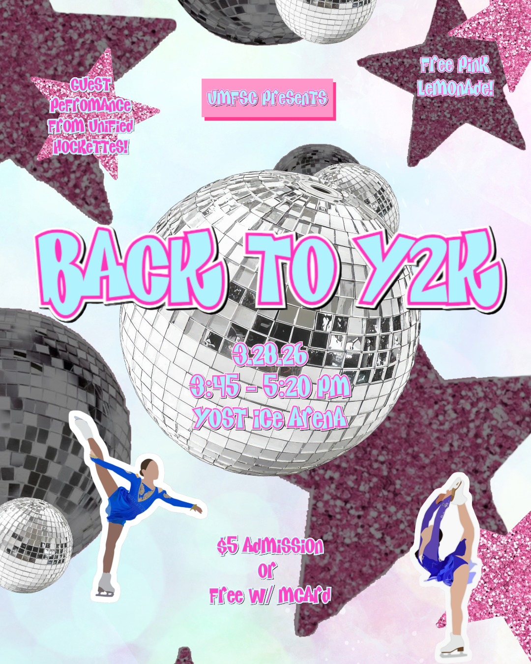 Poster with disco balls, pink stars, and two figure skaters with the text "Back to Y2K."