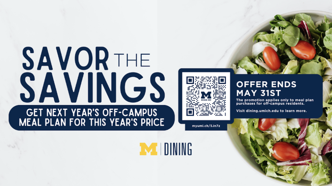 Photograph of a salad with the text "Savor the Savings: Get Next Year's Off-Campus Meal Plan for This Year's Price."