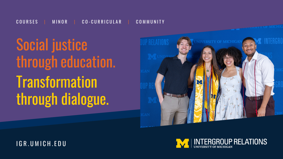 Poster with a photograph of students, the Intergroup Relations logo, and the text "Social justice through education. Transformation through dialogue."